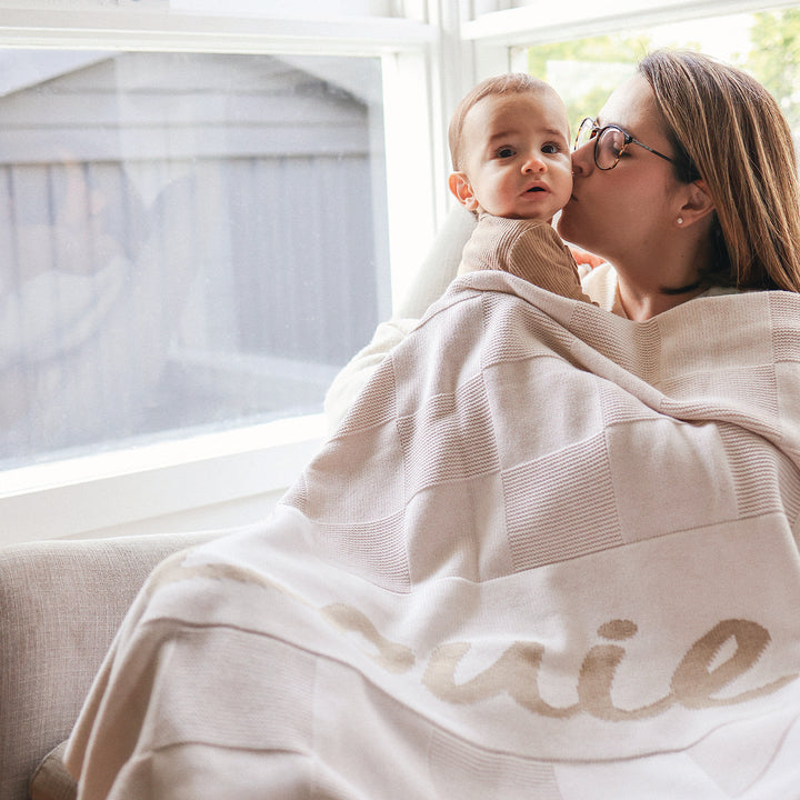 Checkerboard Name Blanket in Oatmeal - personalised and made to order by Namely Co, view 4