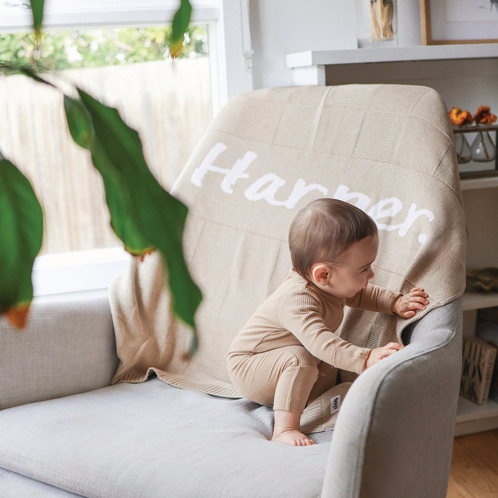 
                  
                    Load image into Gallery viewer, Checkerboard Name Blanket - Light Camel
                  
                