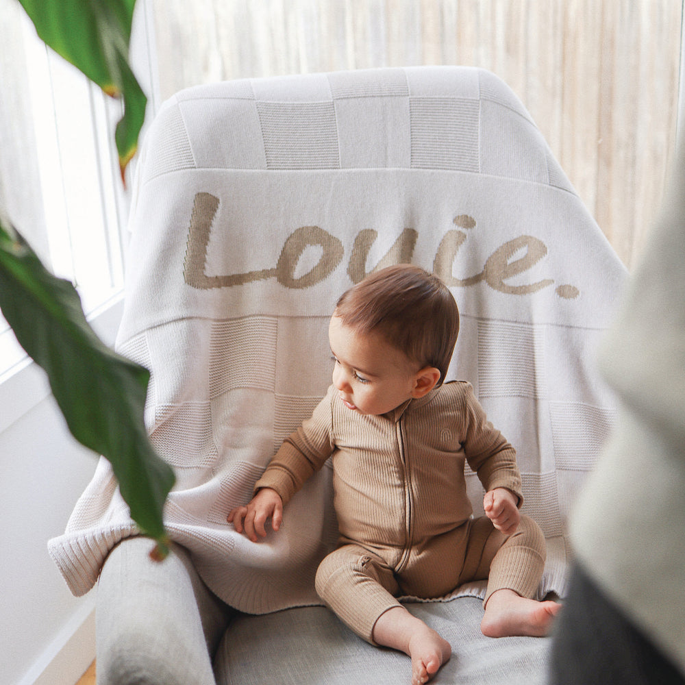 
                  
                    Load image into Gallery viewer, Checkerboard Name Blanket - Oatmeal
                  
                