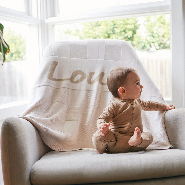 Checkerboard Name Blanket in Oatmeal - personalised and made to order by Namely Co, view 3