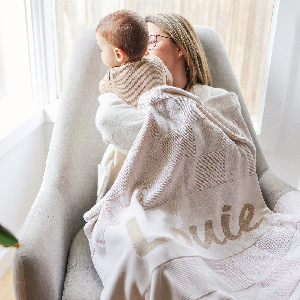 
                  
                    Load image into Gallery viewer, Checkerboard Name Blanket - Oatmeal
                  
                