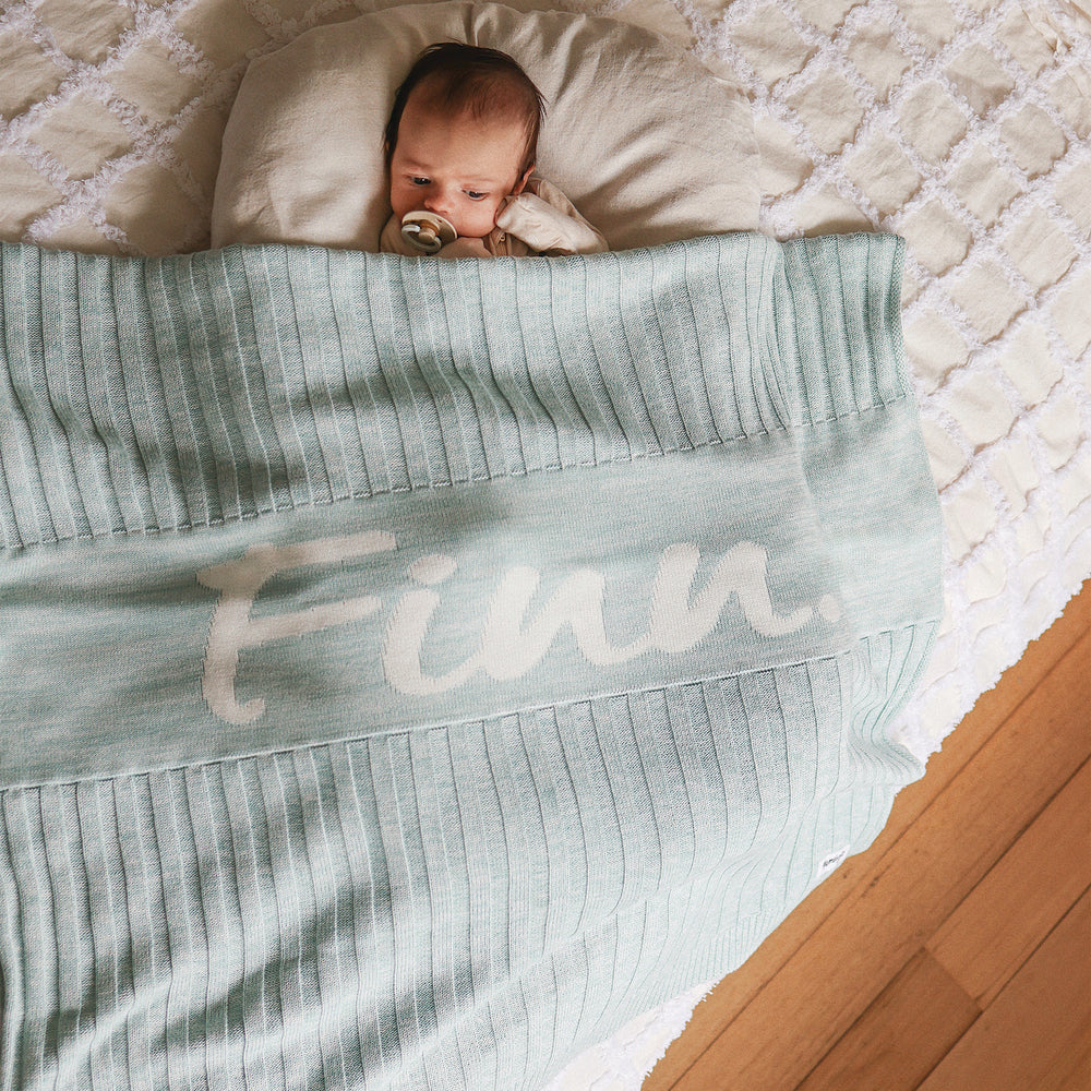 
                  
                    Load image into Gallery viewer, Rib Marle Name Blanket - Haze Blue
                  
                