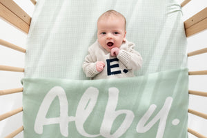 
                  
                    Load image into Gallery viewer, Seafoam green &amp;amp; Ivory Personalised Name Blanket
                  
                