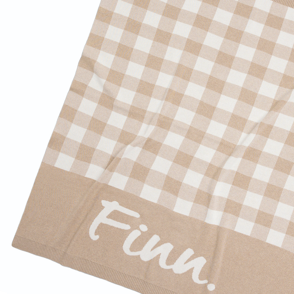 
                  
                    Load image into Gallery viewer, Gingham Check Light Camel &amp;amp; Ivory Personalised Name Blanket
                  
                