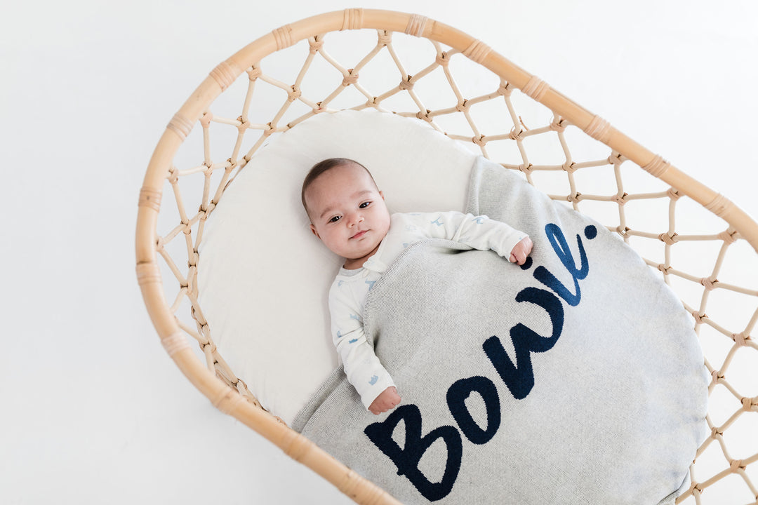 Classic Name Blanket in Snow Marl &amp; Navy - personalised and made to order by Namely Co, view 3