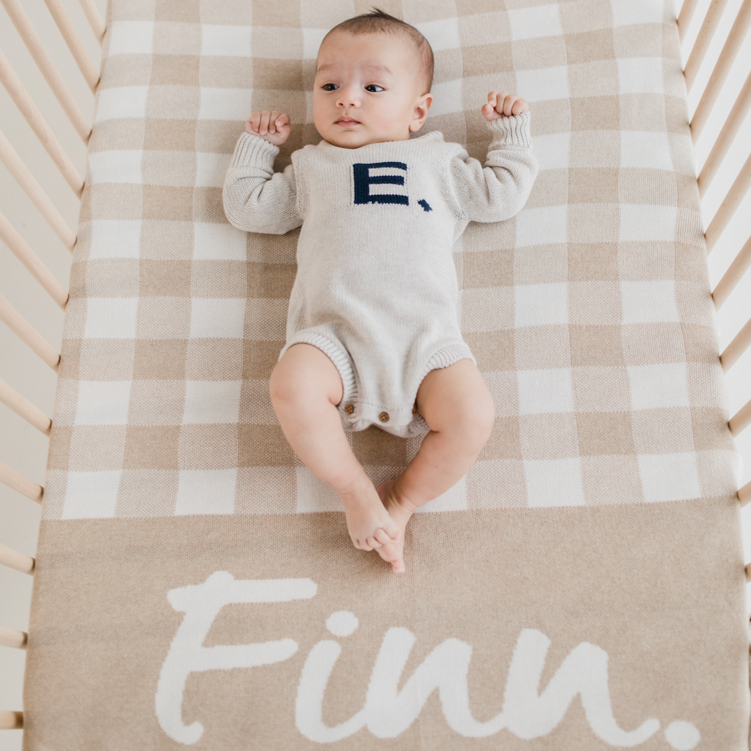 Gingham Name Blanket in Light Camel - personalised and made to order by Namely Co, view 2