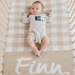 
                  
                    Load image into Gallery viewer, Gingham Check Light Camel &amp;amp; Ivory Personalised Name Blanket
                  
                